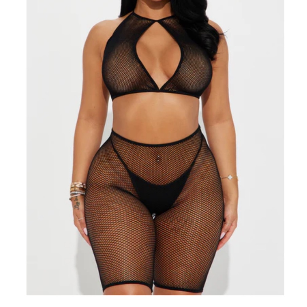 2 Piece Fishnet Shorts And Halter neck Lingerie Body Stocking Set